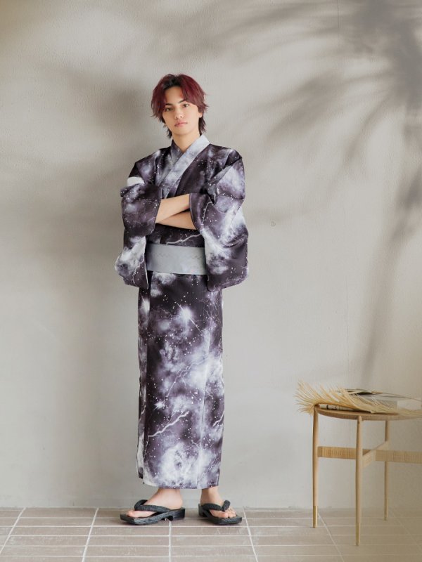 画像11: 【即日発送！】【メンズ浴衣】モノトーン×雷浴衣【浴衣３点セット 浴衣/帯/下駄】[YMT] (11)