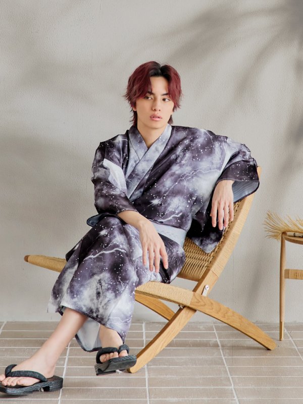 画像2: 【即日発送！】【メンズ浴衣】モノトーン×雷浴衣【浴衣３点セット 浴衣/帯/下駄】[YMT] (2)