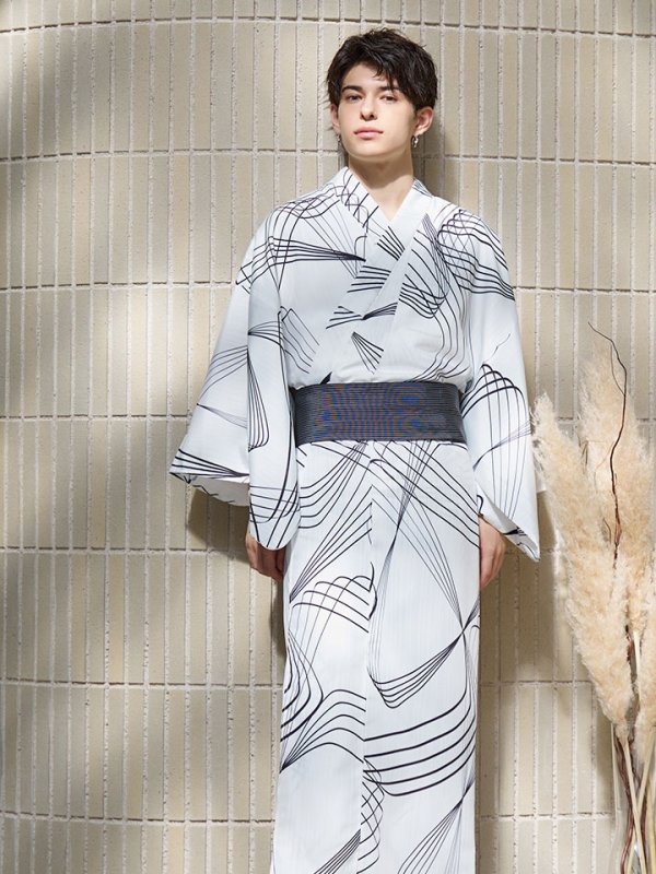 画像11: 【即日発送！】【メンズ浴衣】ホワイト×ブラック線画浴衣【浴衣３点セット 浴衣/帯/下駄】[YMT] (11)