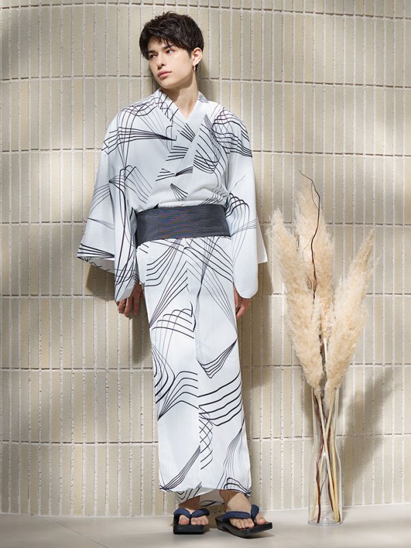 画像14: 【即日発送！】【メンズ浴衣】ホワイト×ブラック線画浴衣【浴衣３点セット 浴衣/帯/下駄】[YMT] (14)