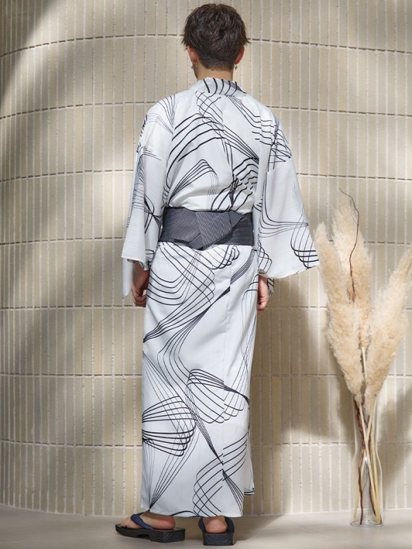 画像16: 【即日発送！】【メンズ浴衣】ホワイト×ブラック線画浴衣【浴衣３点セット 浴衣/帯/下駄】[YMT] (16)