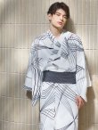 画像3: 【即日発送！】【メンズ浴衣】ホワイト×ブラック線画浴衣【浴衣・帯・下駄セット】 OBI-MS-004-wk-1-B [YMT] (3)