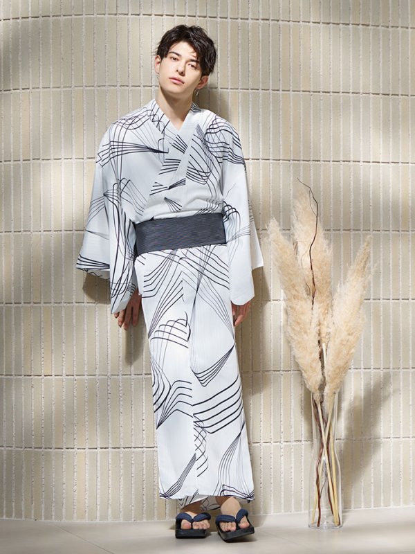 画像7: 【即日発送！】【メンズ浴衣】ホワイト×ブラック線画浴衣【浴衣３点セット 浴衣/帯/下駄】[YMT] (7)