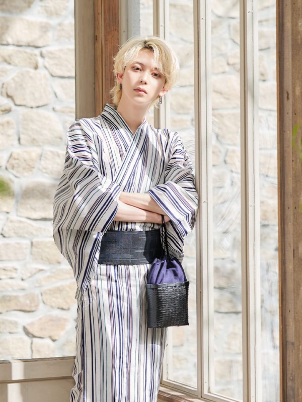 画像6: 【即日発送】【メンズ浴衣】白地×スタイリッシュストライプ浴衣【浴衣３点セット 浴衣/帯/下駄】[YMT] (6)