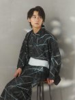 画像1: 【即日発送！】【メンズ浴衣】ブラックグリーン幾何学的模様浴衣【浴衣３点セット 浴衣/帯/下駄】[FB03] (1)