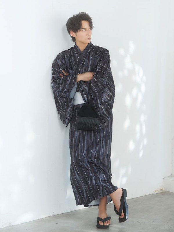 画像4: 【即日発送！】【メンズ浴衣】モザイクアート×ストライプ浴衣【浴衣３点セット 浴衣/帯/下駄】[YMT] (4)