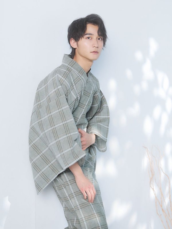 画像11: 【即日発送】【メンズ浴衣】グリーンベージュモダン浴衣【浴衣３点セット 浴衣/帯/下駄】[YMT] (11)