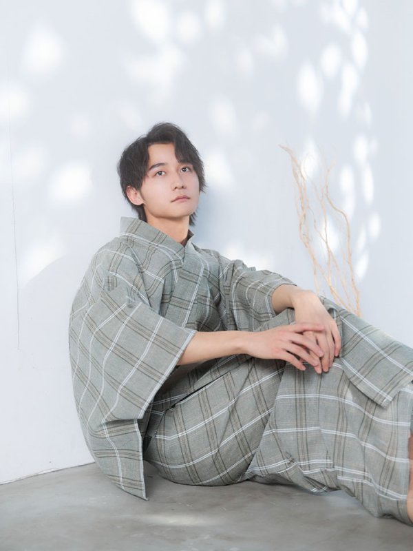 画像13: 【即日発送】【メンズ浴衣】グリーンベージュモダン浴衣【浴衣３点セット 浴衣/帯/下駄】[YMT] (13)