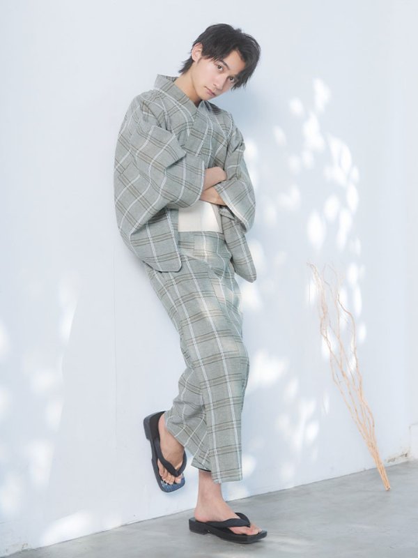 画像2: 【即日発送】【メンズ浴衣】グリーンベージュモダン浴衣【浴衣３点セット 浴衣/帯/下駄】[YMT] (2)