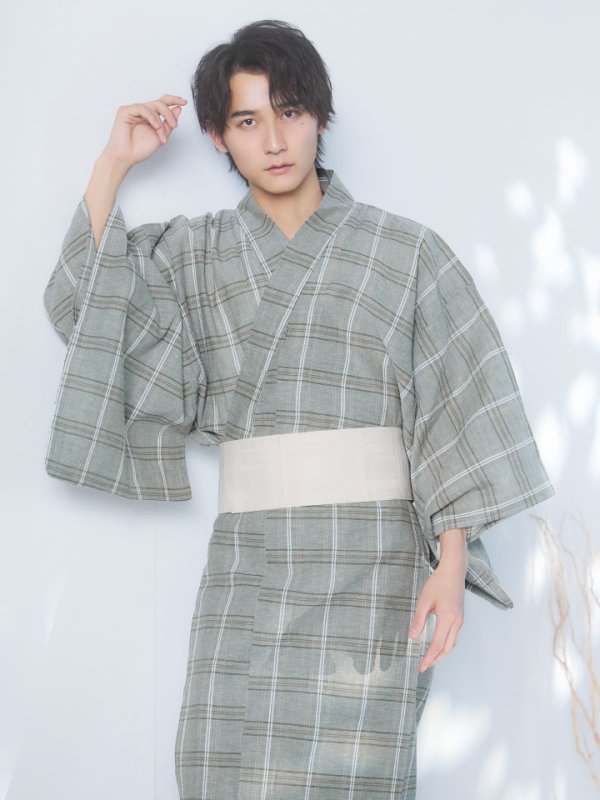 画像3: 【即日発送】【メンズ浴衣】グリーンベージュモダン浴衣【浴衣３点セット 浴衣/帯/下駄】[YMT] (3)