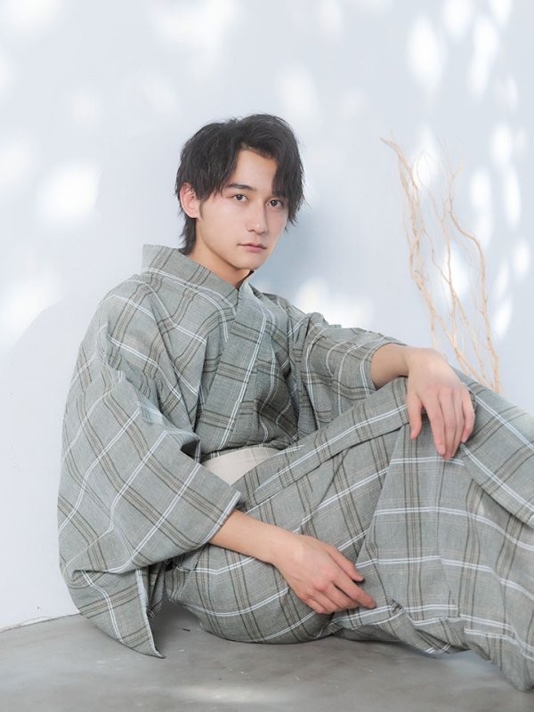 画像5: 【即日発送】【メンズ浴衣】グリーンベージュモダン浴衣【浴衣３点セット 浴衣/帯/下駄】[YMT] (5)