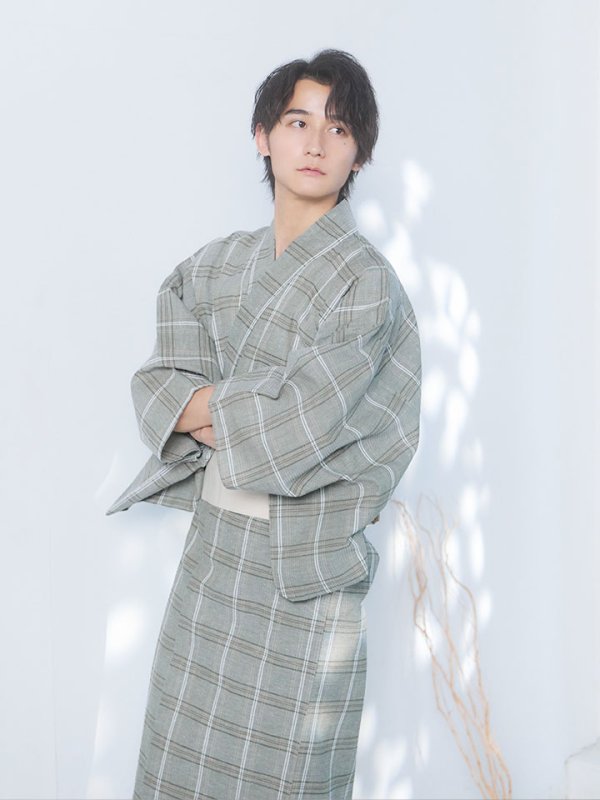 画像6: 【即日発送】【メンズ浴衣】グリーンベージュモダン浴衣【浴衣３点セット 浴衣/帯/下駄】[YMT] (6)