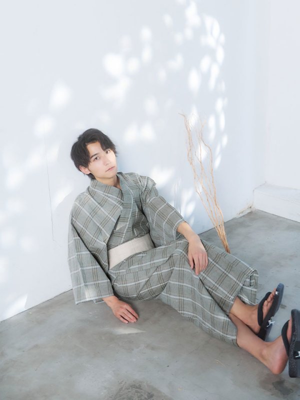 画像7: 【即日発送】【メンズ浴衣】グリーンベージュモダン浴衣【浴衣３点セット 浴衣/帯/下駄】[YMT] (7)