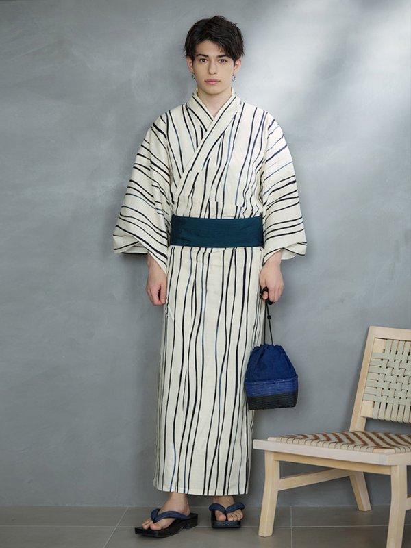 画像4: 【即日発送】【メンズ浴衣】白地×ストライプ浴衣【浴衣３点セット 浴衣/帯/下駄】[YMT] (4)