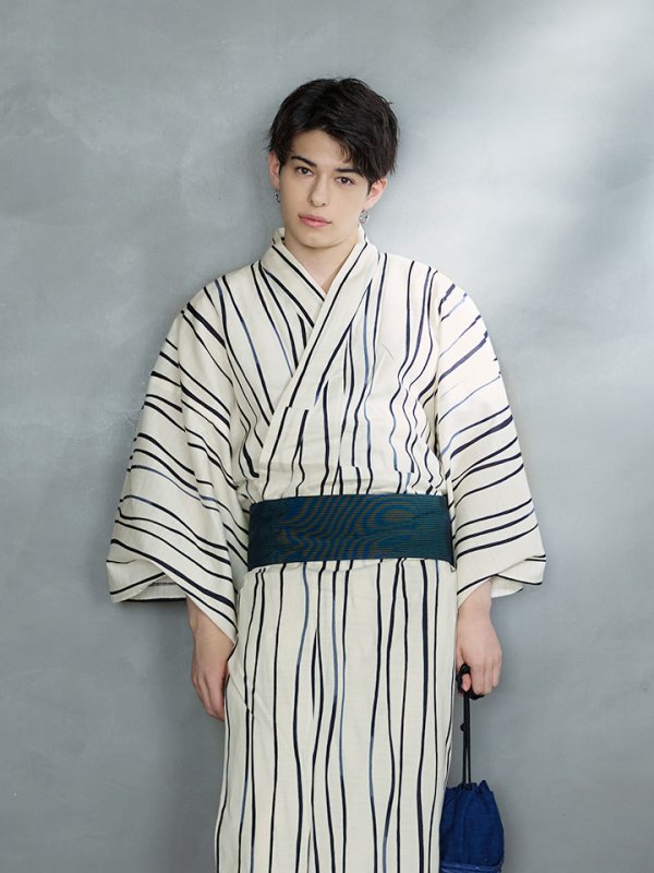 画像6: 【即日発送】【メンズ浴衣】白地×ストライプ浴衣【浴衣３点セット 浴衣/帯/下駄】[YMT] (6)