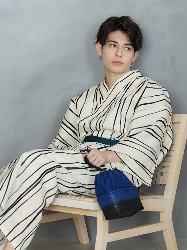 画像7: 【即日発送】【メンズ浴衣】白地×ストライプ浴衣【浴衣３点セット 浴衣/帯/下駄】[YMT] (7)