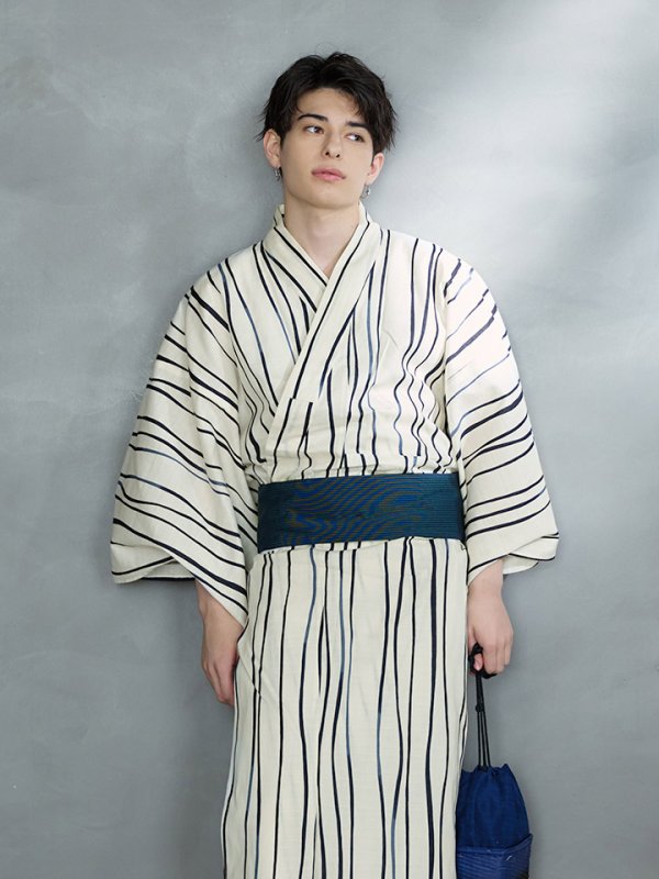 画像8: 【即日発送】【メンズ浴衣】白地×ストライプ浴衣【浴衣３点セット 浴衣/帯/下駄】[YMT] (8)