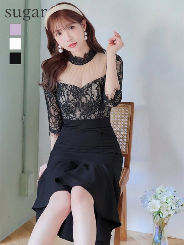 画像29: 【Andy ANDY Fashion Press 15 COLLECTION 06】マーメイド/ レース切り替え/ デコルテシアー/ ハイネック/ 七分袖/ 長袖/ 袖あり/ ワンカラー/ フィッシュテール/ フリル/ ミディアムドレス/ キャバドレス[FB03] (29)