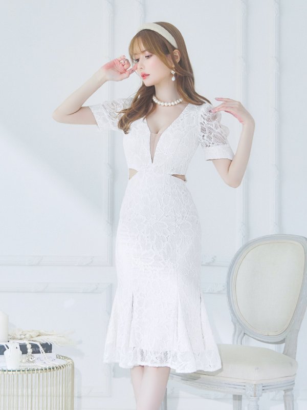 画像4: 【Andy ANDY Fashion Press 15 COLLECTION 01】フラワーレース/ ウエストカット/ 袖あり/ 半袖/ パフスリーブ/ シアー/ タイト/ 膝丈/ ミディアムドレス/ キャバドレス[OF05] (4)