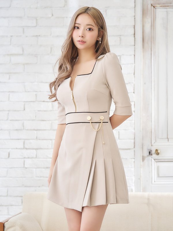 画像10: XSサイズあり【ANDY/アンディ】フロントジップ/ バイカラー/ チェーン/ 袖あり/ 七分袖/ フレア/ ミニドレス/ キャバドレス[OF05] (10)