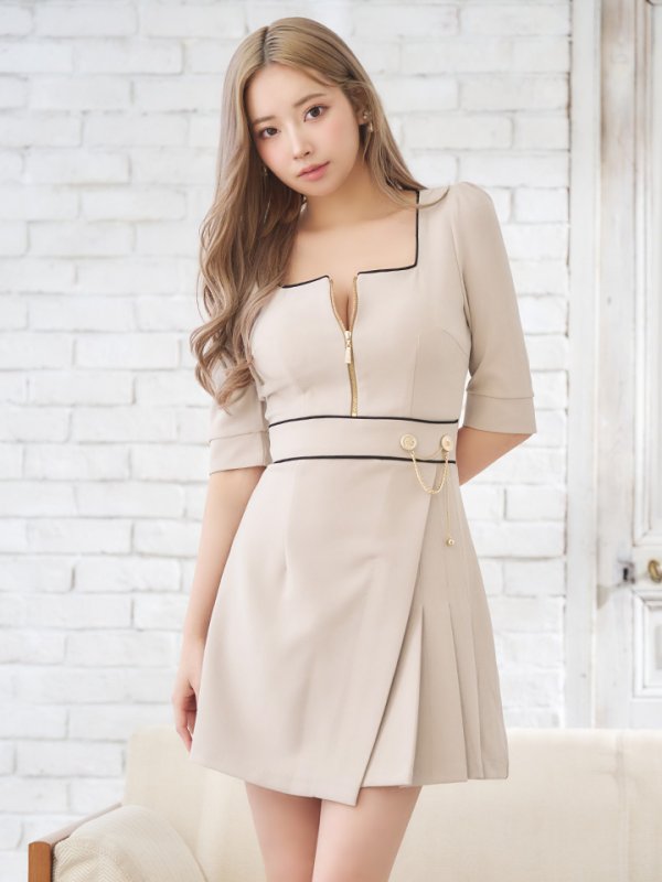 画像11: XSサイズあり【ANDY/アンディ】フロントジップ/ バイカラー/ チェーン/ 袖あり/ 七分袖/ フレア/ ミニドレス/ キャバドレス[OF05] (11)