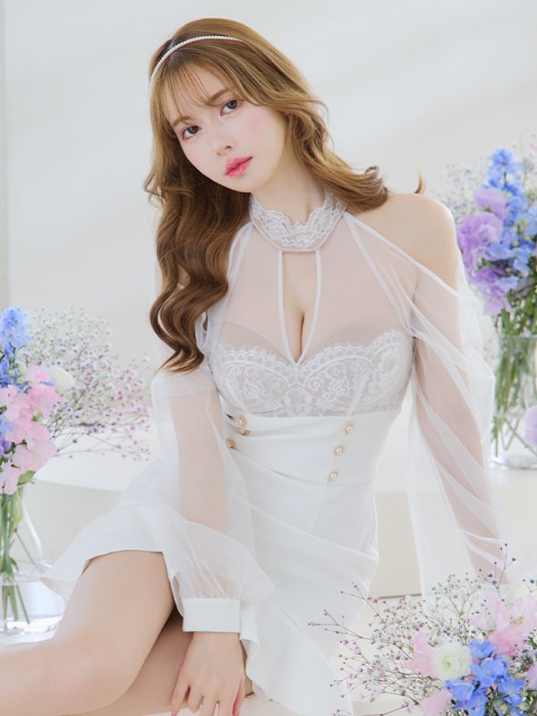 画像6: XSサイズあり【ANDY/アンディ】シアー/ レース/ マーメイド/ アシンメトリー/ 裾フリル/ パールボタン/ 袖あり/ 長袖/ ミニドレス/ キャバドレス[OF05] (6)