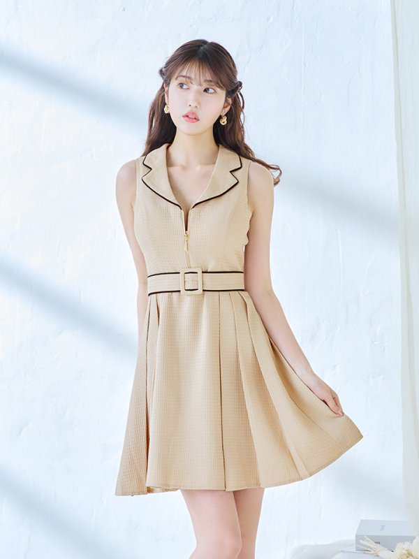 画像5: XSサイズあり【ANDY/アンディ】フロントジップ/ バイカラー/ ベルト/ ノースリーブ/ フレア/ ミニドレス/ キャバドレス[OF05] (5)