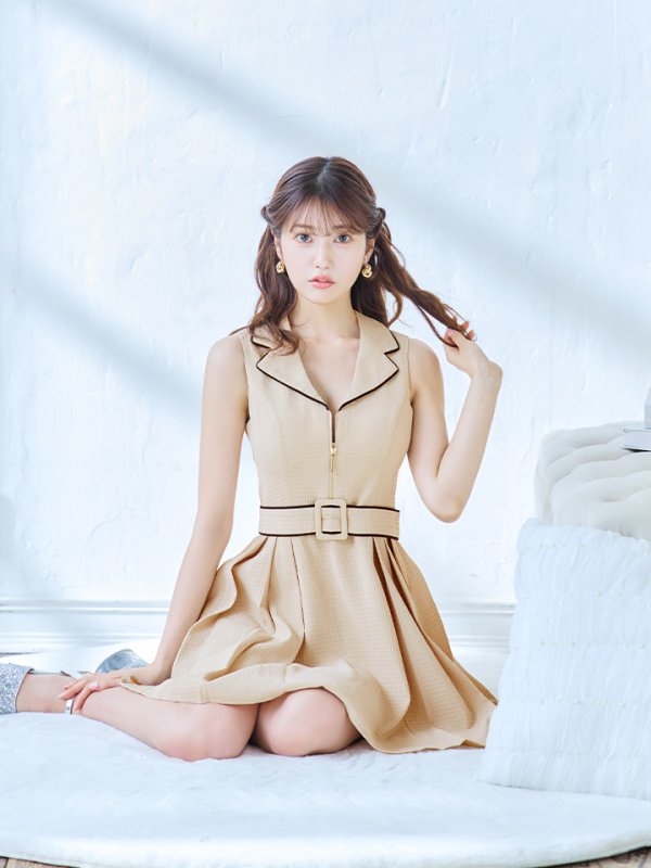 画像6: XSサイズあり【ANDY/アンディ】フロントジップ/ バイカラー/ ベルト/ ノースリーブ/ フレア/ ミニドレス/ キャバドレス[OF05] (6)