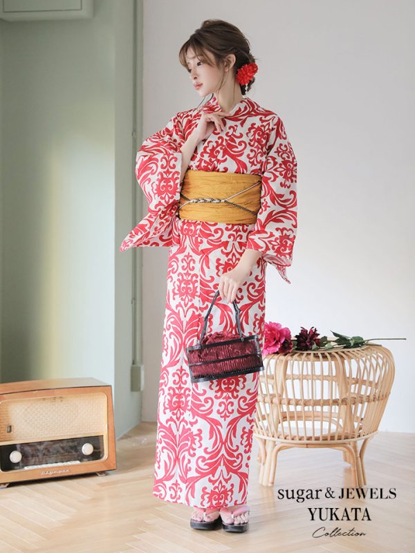画像3: 【即日発送】【浴衣セール】【浴衣】sugar&Jewelsオリジナルデザイン！紅緋×ダマスク浴衣セット[YMT] (3)