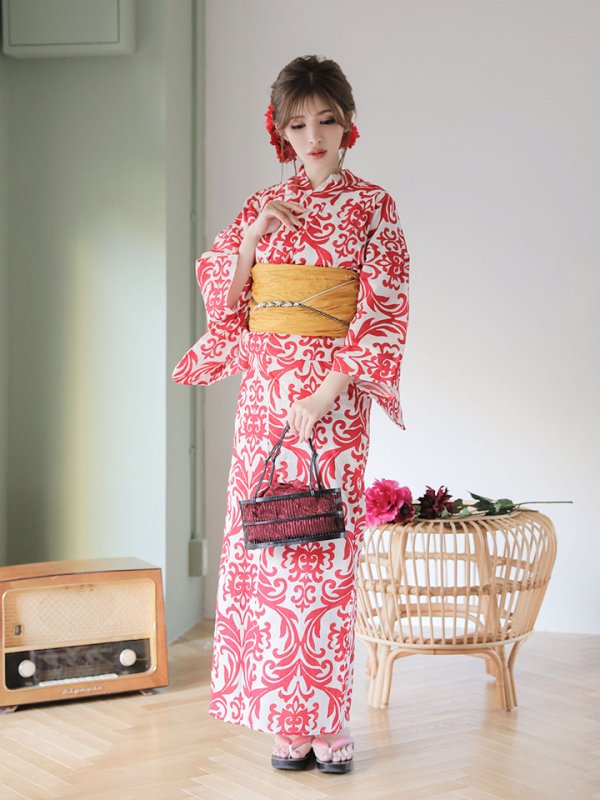 画像4: 【即日発送】【浴衣セール】【浴衣】sugar&Jewelsオリジナルデザイン！紅緋×ダマスク浴衣セット[YMT] (4)