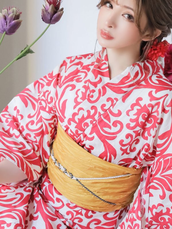 画像5: 【即日発送】【浴衣セール】【浴衣】sugar&Jewelsオリジナルデザイン！紅緋×ダマスク浴衣セット[YMT] (5)