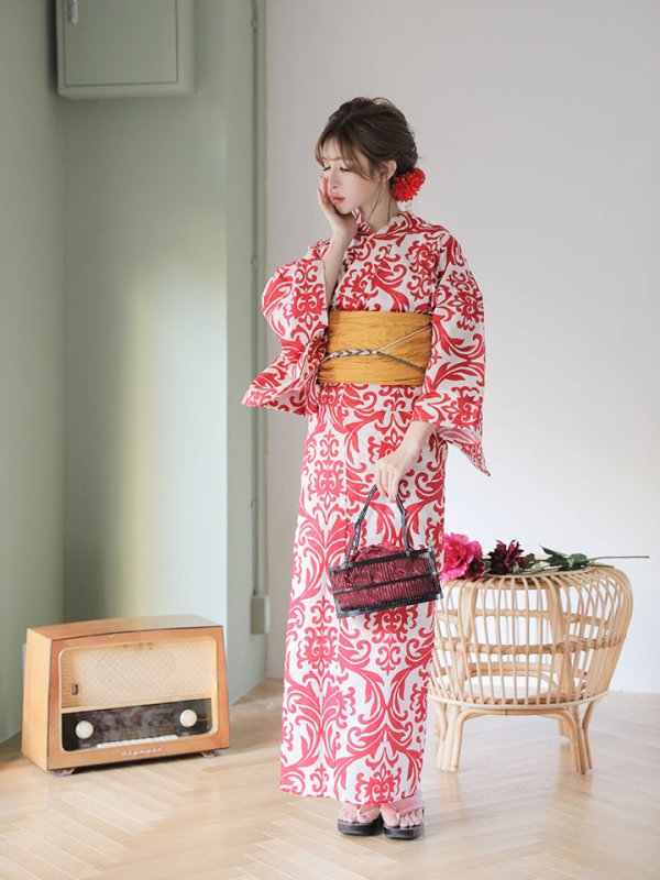 画像7: 【即日発送】【浴衣セール】【浴衣】sugar&Jewelsオリジナルデザイン！紅緋×ダマスク浴衣セット[YMT] (7)
