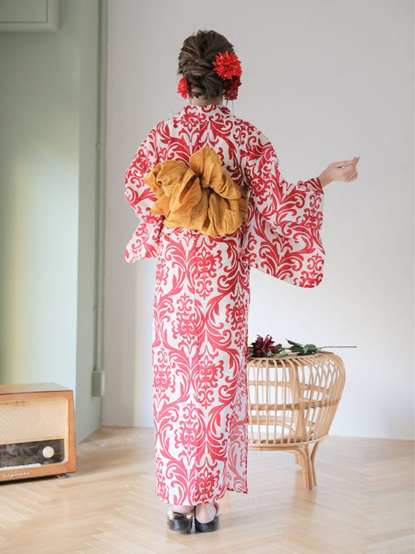 画像8: 【即日発送】【浴衣セール】【浴衣】sugar&Jewelsオリジナルデザイン！紅緋×ダマスク浴衣セット[YMT] (8)