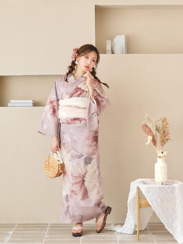 画像12: 【即日発送】アンティークフラワーピンク浴衣【浴衣３点セット 浴衣/帯/下駄】[YMT] (12)