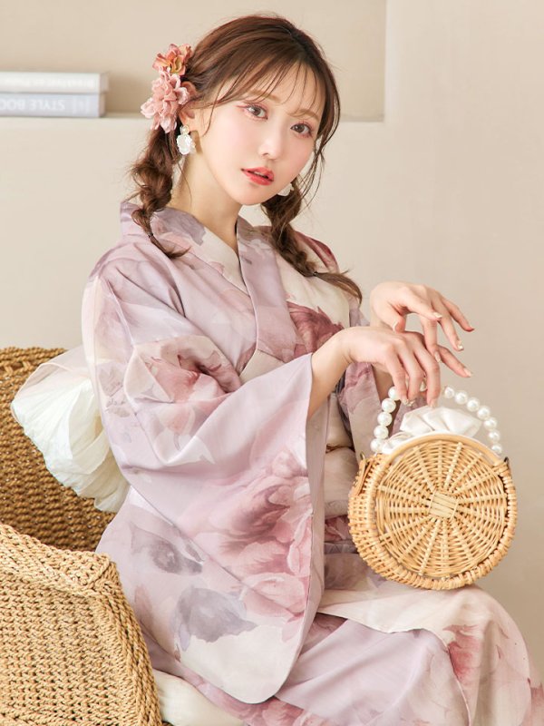 画像2: 【即日発送】アンティークフラワーピンク浴衣【浴衣３点セット 浴衣/帯/下駄】[YMT] (2)