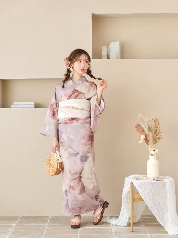 画像8: 【即日発送】アンティークフラワーピンク浴衣【浴衣３点セット 浴衣/帯/下駄】[YMT] (8)