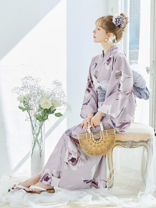 画像1: 【浴衣セール】【即日発送】ロマンティックピオニー浴衣 OBI-g-500-kj-8-GY / HIMO-900-yn-4-GYxGY / HEKO-800-sb-5-W / YA-74-kn-MVPL /GETA-01-kj-3-IV[YMT] (1)