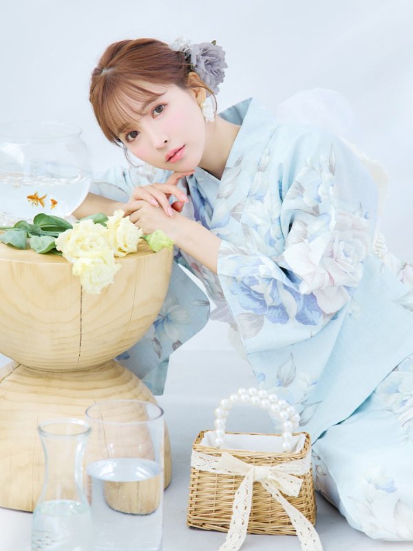 画像2: 【即日発送】クラシカルローズブルー浴衣【浴衣３点セット 浴衣/帯/下駄】[YMT] (2)