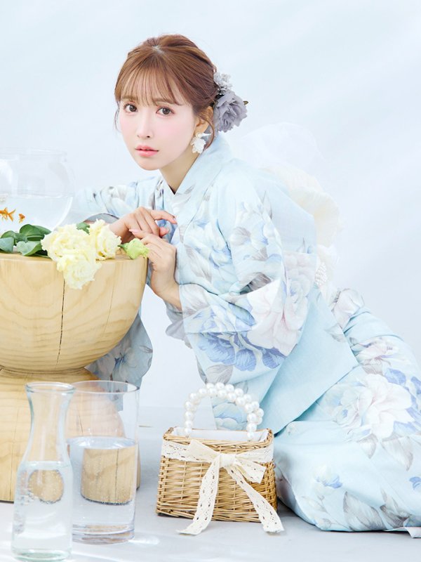 画像3: 【即日発送】クラシカルローズブルー浴衣【浴衣３点セット 浴衣/帯/下駄】[YMT] (3)