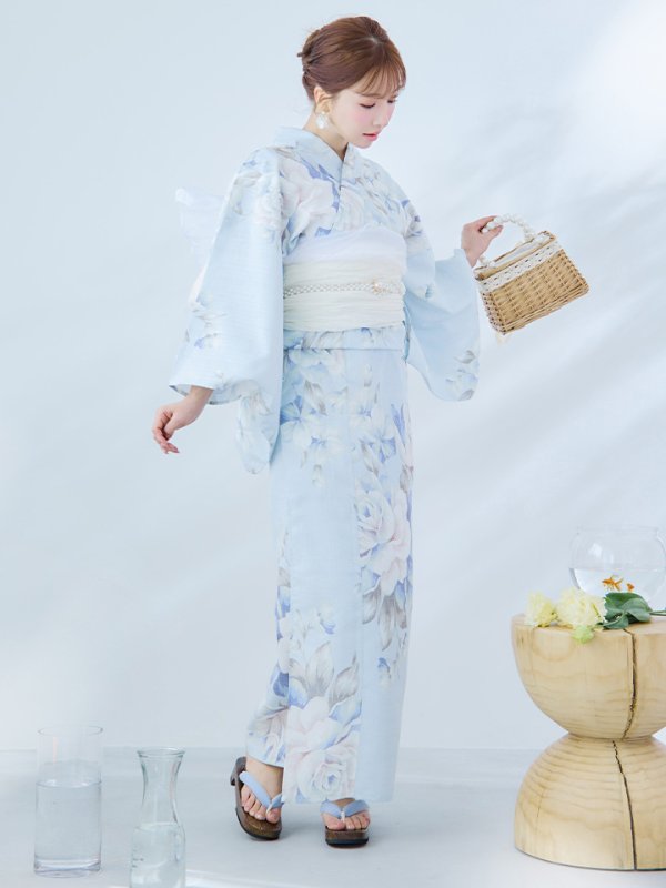 画像4: 【即日発送】クラシカルローズブルー浴衣【浴衣３点セット 浴衣/帯/下駄】[YMT] (4)