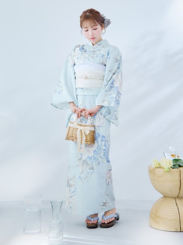 画像6: 【即日発送】クラシカルローズブルー浴衣【浴衣３点セット 浴衣/帯/下駄】[YMT] (6)