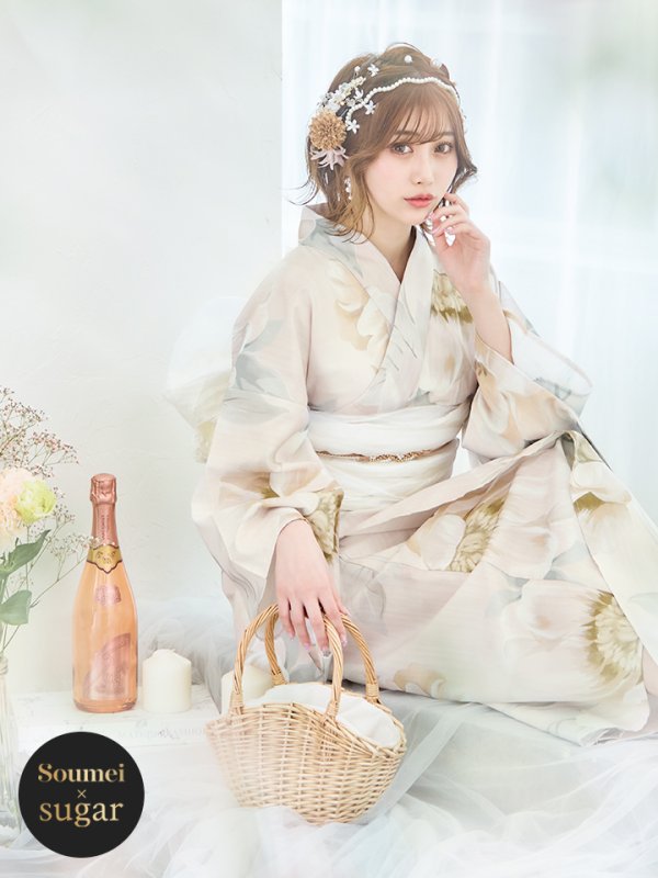 画像2: 【即日発送】クリームイエローピオニー浴衣【浴衣３点セット 浴衣/帯/下駄】[YMT] (2)