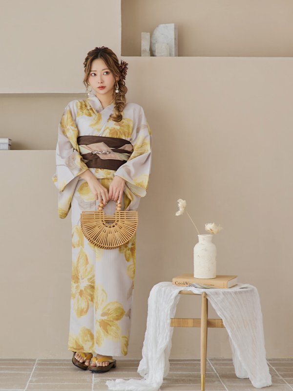 画像10: 【即日発送！】グレージュ×イエローフラワー浴衣【浴衣３点セット 浴衣/帯/下駄】[YMT] (10)