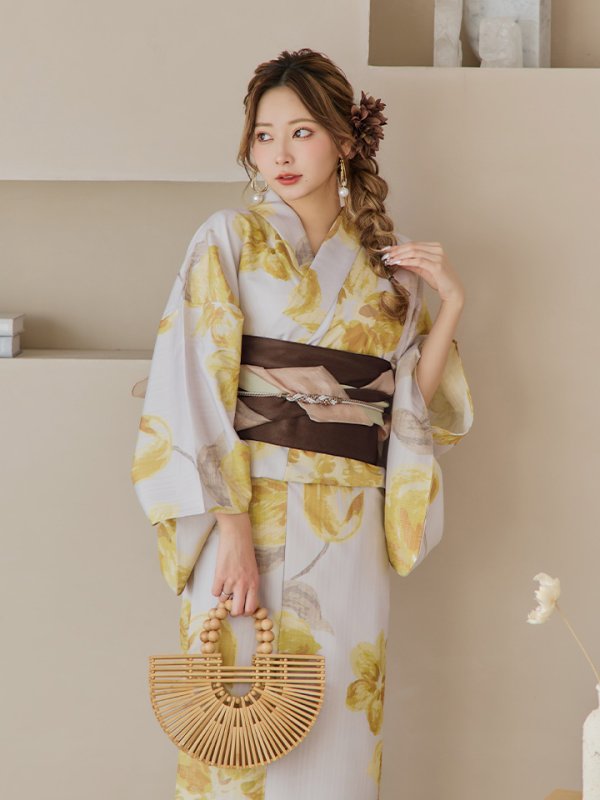 画像11: 【即日発送！】グレージュ×イエローフラワー浴衣【浴衣３点セット 浴衣/帯/下駄】[YMT] (11)