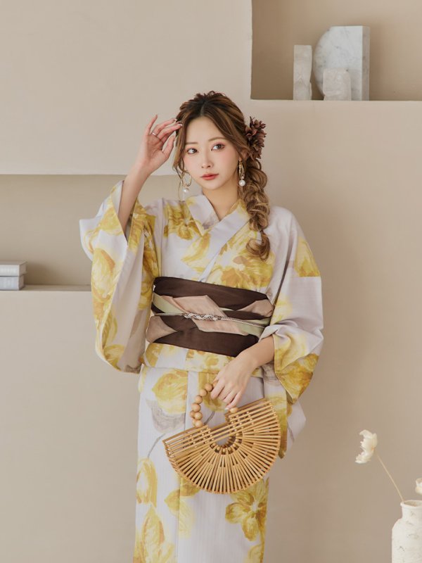 画像12: 【即日発送！】グレージュ×イエローフラワー浴衣【浴衣３点セット 浴衣/帯/下駄】[YMT] (12)