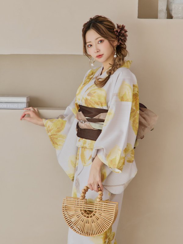 画像13: 【即日発送！】グレージュ×イエローフラワー浴衣【浴衣３点セット 浴衣/帯/下駄】[YMT] (13)