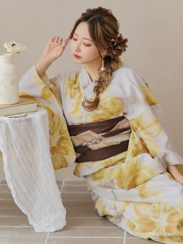 画像18: 【即日発送！】グレージュ×イエローフラワー浴衣【浴衣３点セット 浴衣/帯/下駄】[YMT] (18)