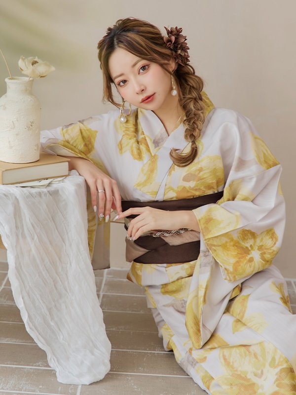 画像19: 【即日発送！】グレージュ×イエローフラワー浴衣【浴衣３点セット 浴衣/帯/下駄】[YMT] (19)
