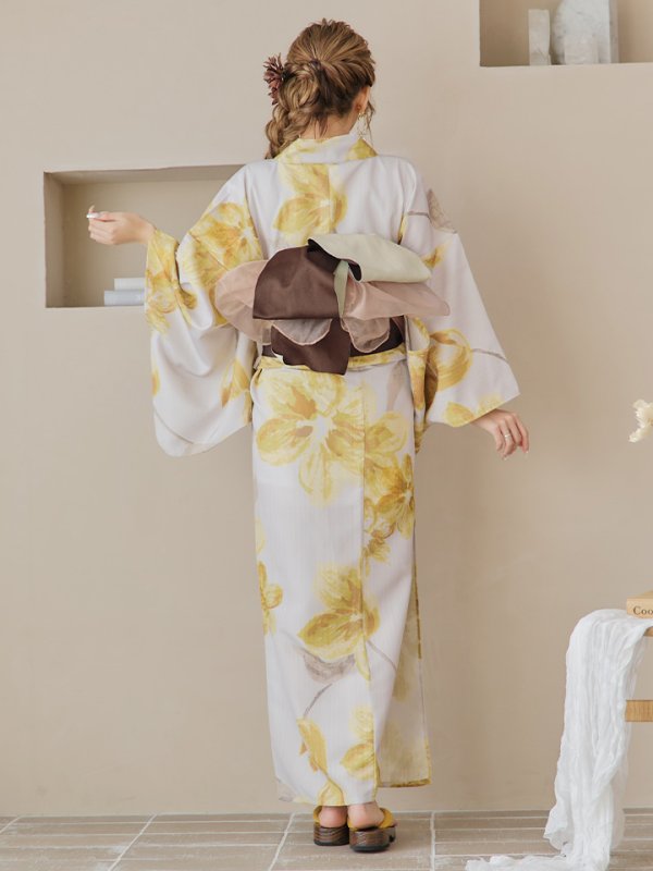 画像20: 【即日発送！】グレージュ×イエローフラワー浴衣【浴衣３点セット 浴衣/帯/下駄】[YMT] (20)