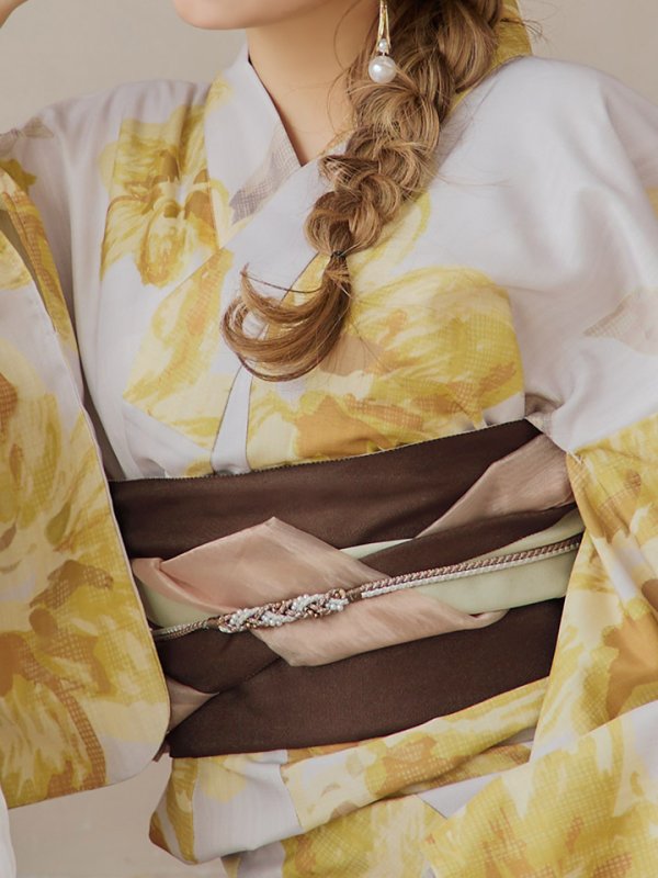 画像21: 【即日発送！】グレージュ×イエローフラワー浴衣【浴衣３点セット 浴衣/帯/下駄】[YMT] (21)